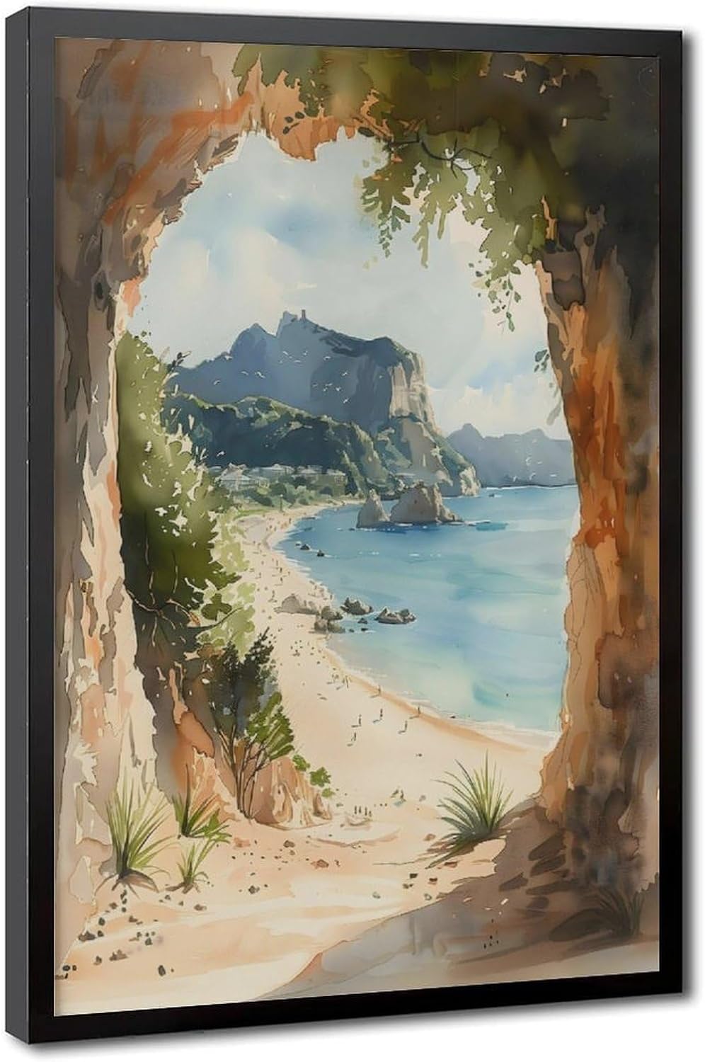 Cathedral Cove Watercolour Print, Black Frame (12 x 18 in)