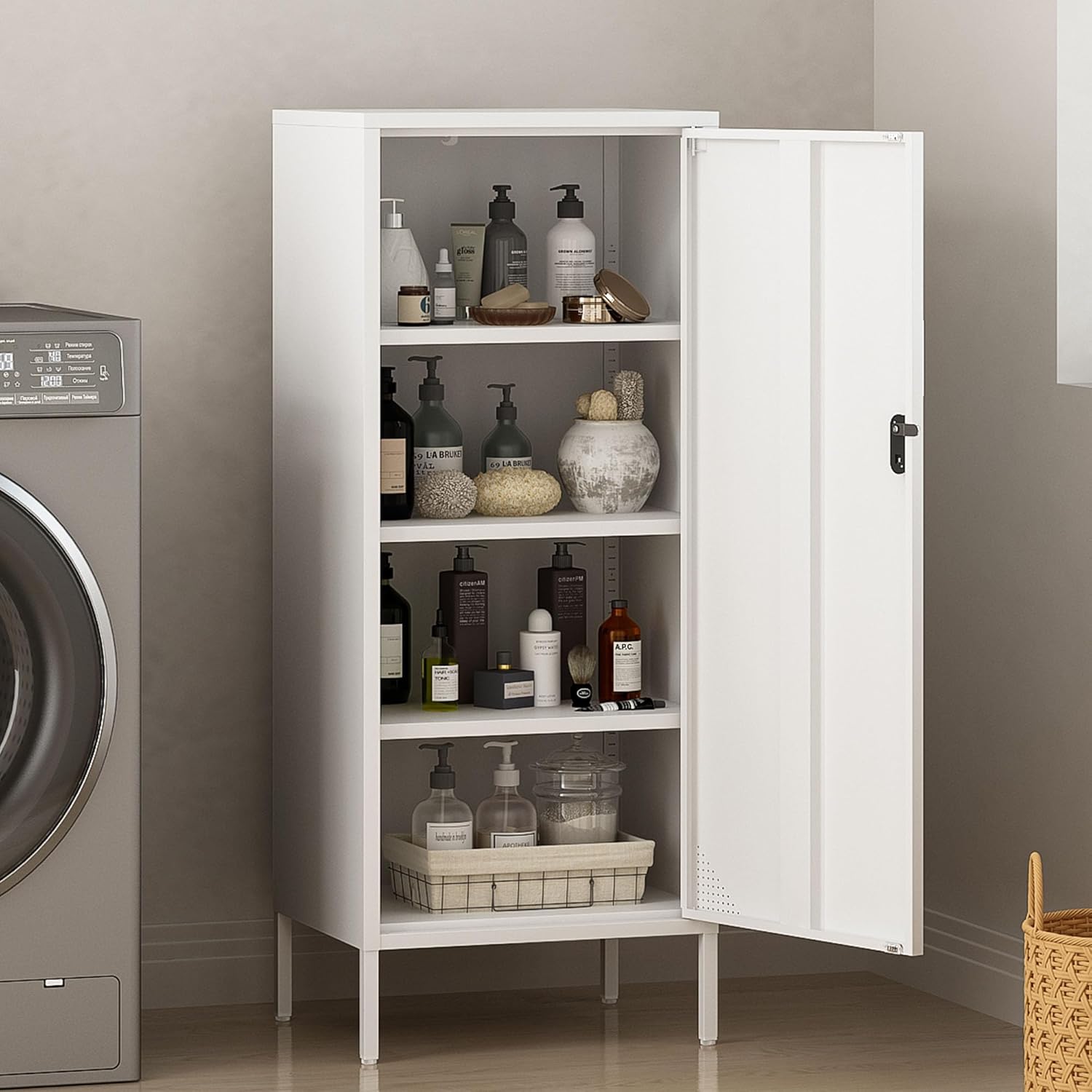 Steehoom Metal Locker Cabinet Lockable Bathroom Storage Cabinet Black 4 Tier Employee Lockers for Home, School, Office, Garage (White, 19.69" D x 15.75" W x 49.21" H)