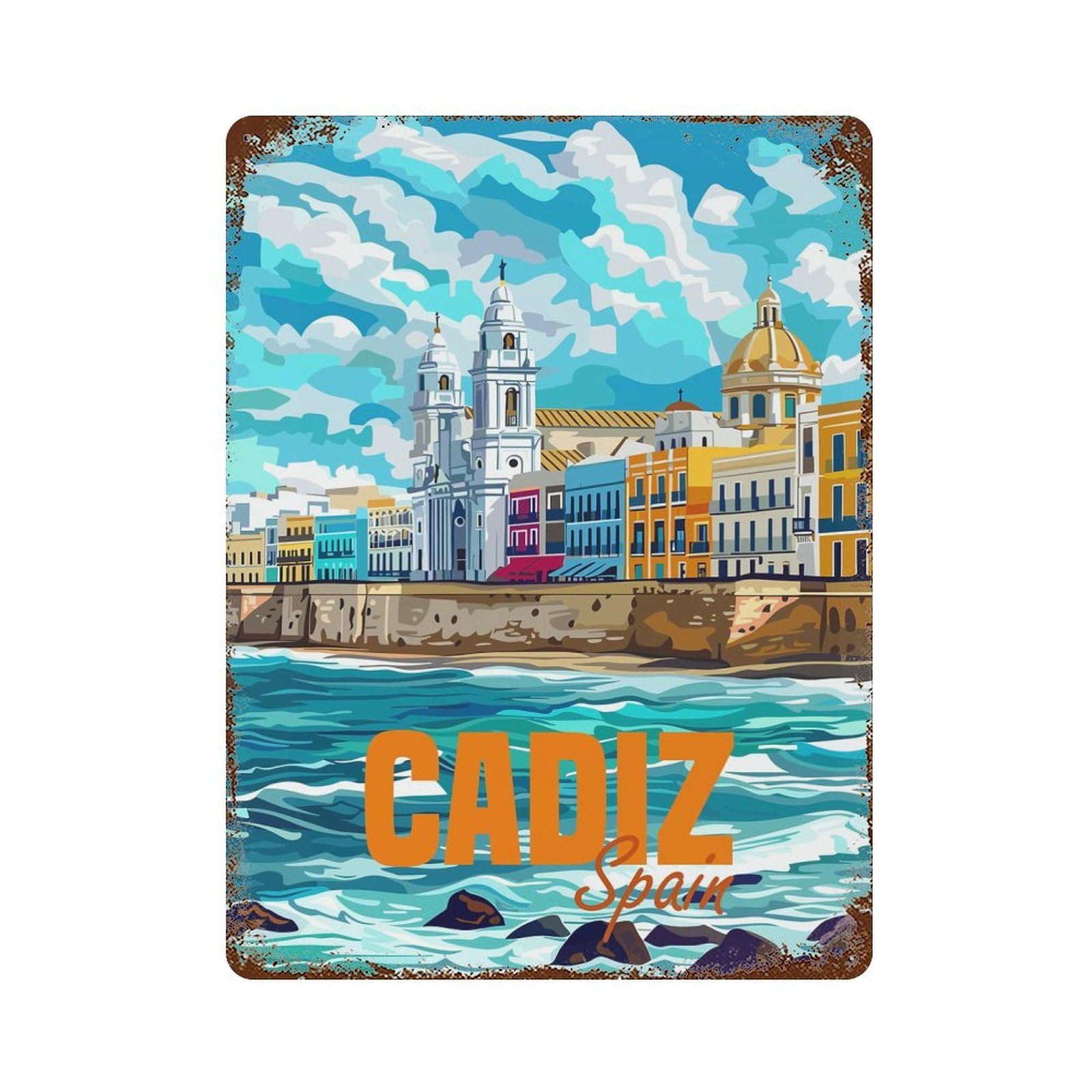 Cadiz Spain Travel Rust Effect Tin Sign 15.7"x11.8", Ideal for Shed, Workshop And Garage Wall Decor
