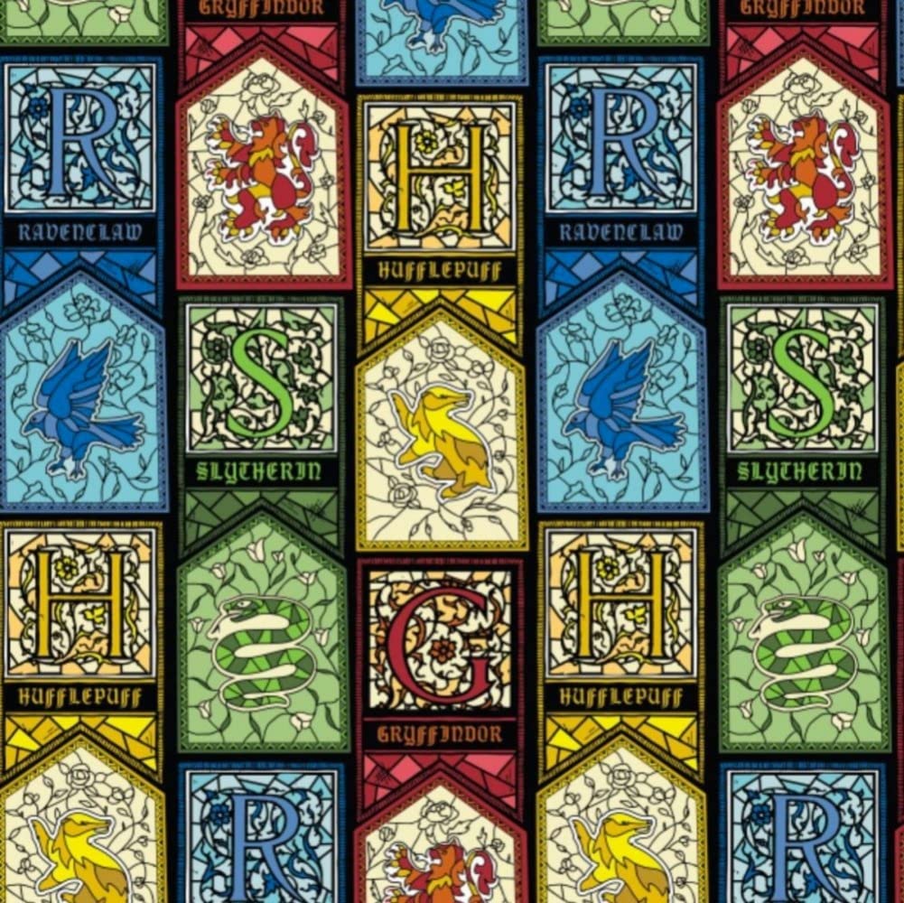 Camelot FabricsHarry Potter Fabric Houses Stained Glass Window Cotton Fabric by 0.5 Metres 44'' Wide Multi Color, 100% Cotton Licensed Craft Fabric Material for Crafts, Quilting, Dressmaking