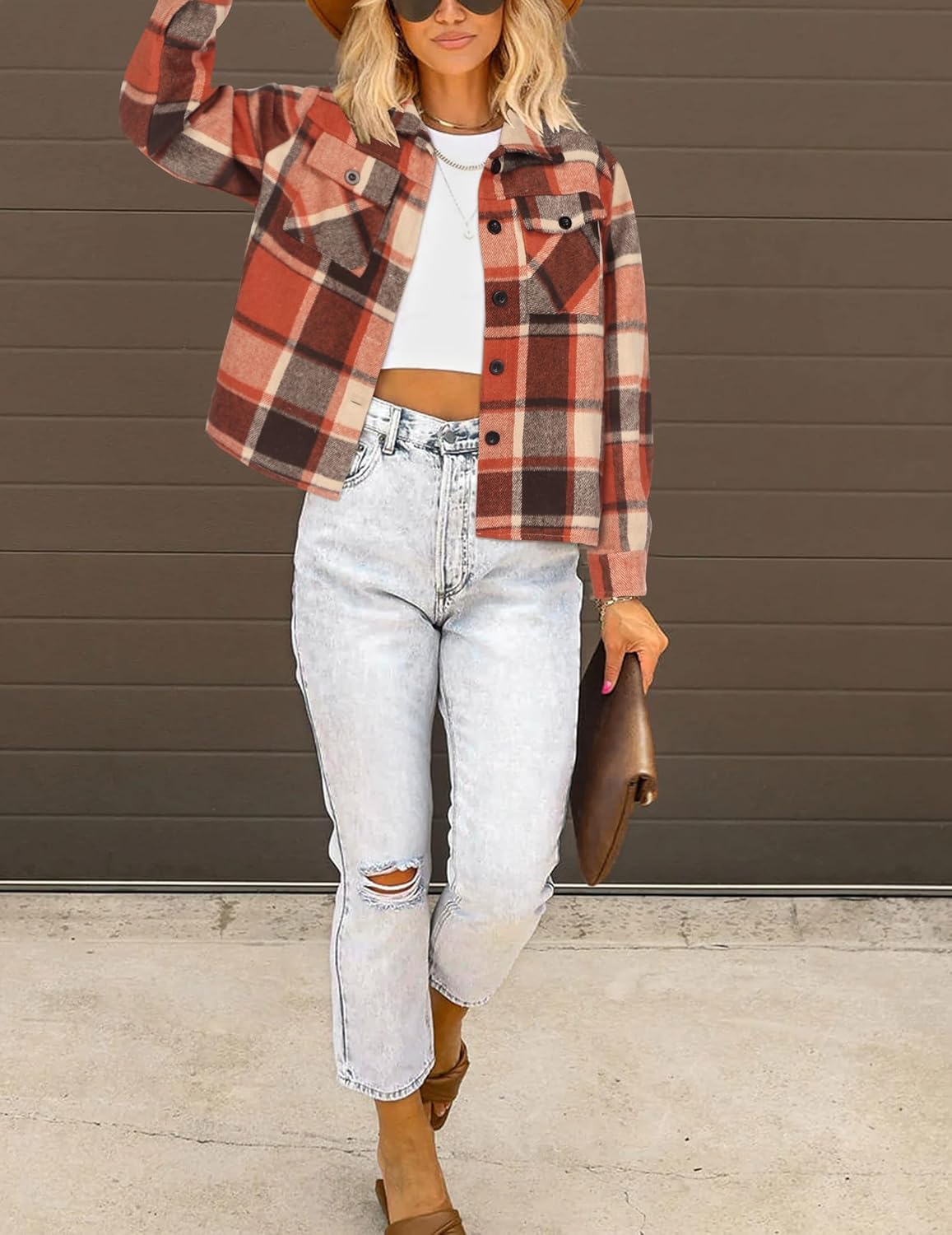 HOTOUCH Red Xmas Jackets Flannel Shirts for Women Cropped Plaid Jacket Shacket Button Down Winter Coats - Image 5