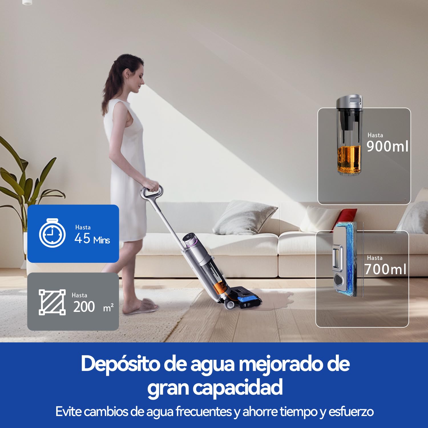Aspiradora Fregona y Fregona Eléctrica Sin Cable, 45 Min de Autonomía, 17,5KPa de Potente Succión, Fregona Eléctrica Inteligente con Autolimpieza y Auto-Secado