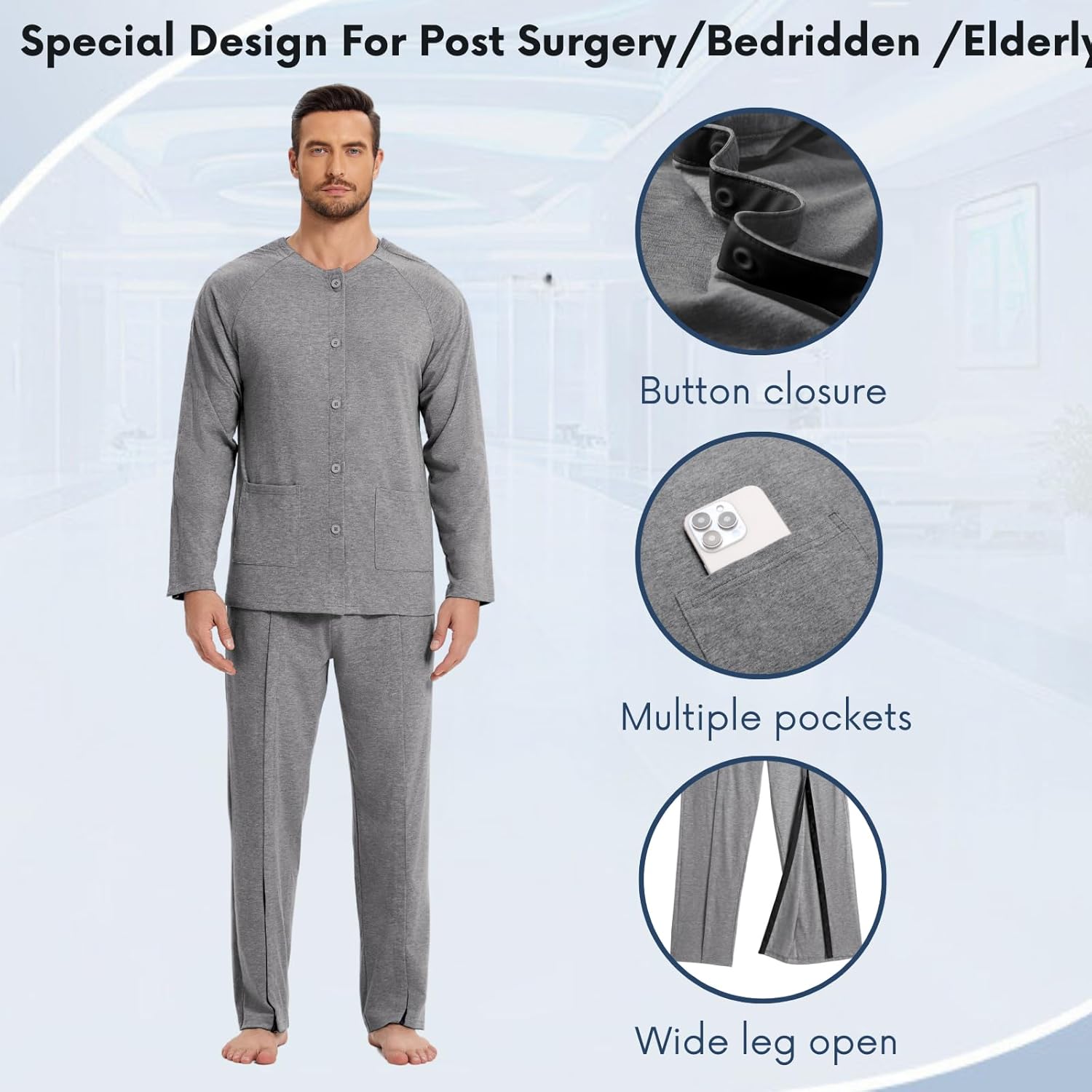 Deyeek Post Shoulder Surgery Shirts for Men Chemo Port Shirts Dialysis Patient Care Tear Away Cotton Pajamas Set - Image 4