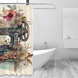 Vintage Frenc Sewing Machine and Flower Art 60x72 inches Shower Curtains Waterproof Fashion Bathroom Decor with Hooks Polyester