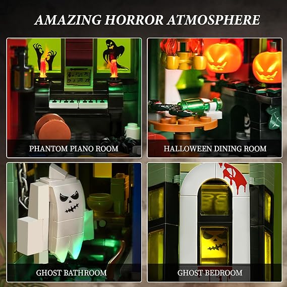 iATOM Haunted House Building Set with Lights, Halloween Mansion Building Toy for Adults, Gift for Christmas, Horror Village Town Architecture Include Pumpkin Skeleton Spooky Bat Cat, F-C9987