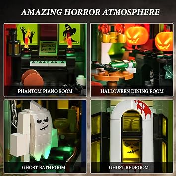 iATOM Haunted House Building Set with Lights, Halloween Mansion Building Toy for Adults, Gift for Christmas, Horror Village Town Architecture Include Pumpkin Skeleton Spooky Bat Cat, F-C9987