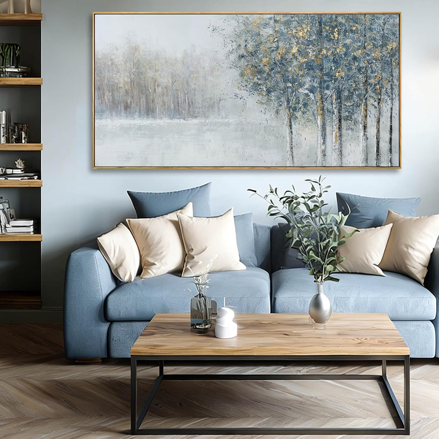 Blue and Grey Tree of Life Wall Art 24x48 Inch, Large Framed Canvas Painting with Wooden Frame, Modern Nature Wall Decor for Bedroom Living Room or Office