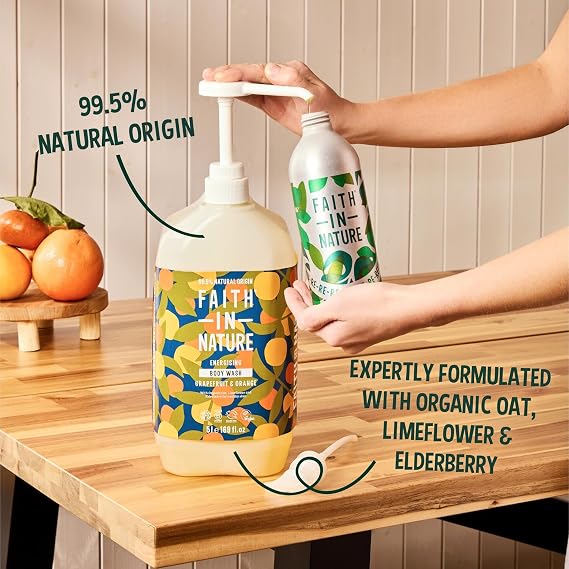 FAITH IN NATURE Natural Hand Wash & Body Wash Set - Vegan & Cruelty Free, No SLS or Parabens - 2 x 169 fl oz Value Bundle Pack, Grapefruit & Orange