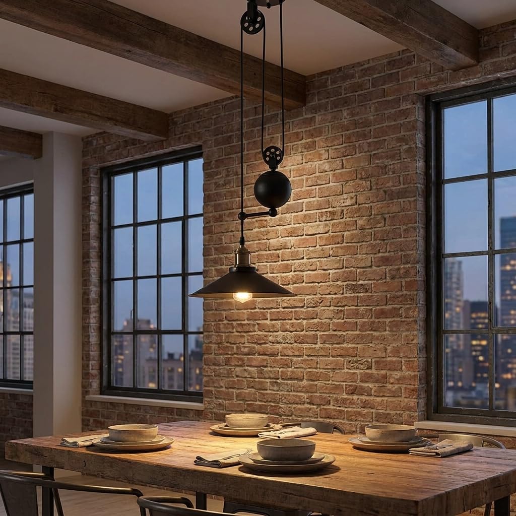 BARCELONA LED Industrielle Pendelleuchte CLOCK WORK mit Seilzug, Höhenverstellbare Vintage Hängelampe E27 bis 40W, Schwarze Metall Deckenlampe im Retro Stil für Esszimmer, Küche