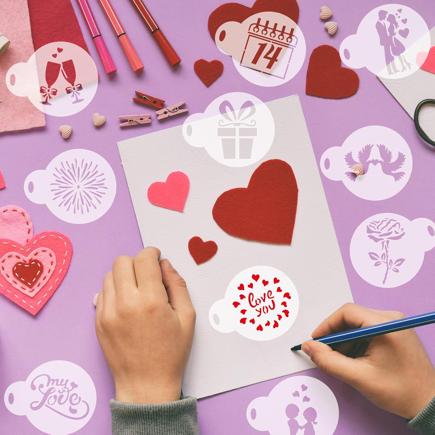 Konsait 20 Pack Valentine's Day Cake Stencils Reusable Coffee Cookie Decorating Stencils Mold Tools for Hot Cocoa,Dessert,Mousse and Cappuccino
