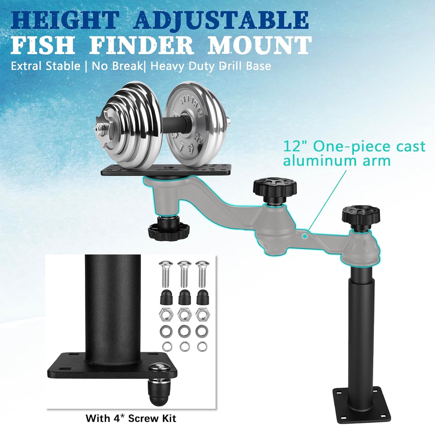 Telescoping Fish Finder Mount,for Fishfinders & Chartplotters,Height-Adjustable Depth Finder Mount Compatible with Lowrance, Garmin, Humminbird and More,for Boats, Kayak (Long Arm)