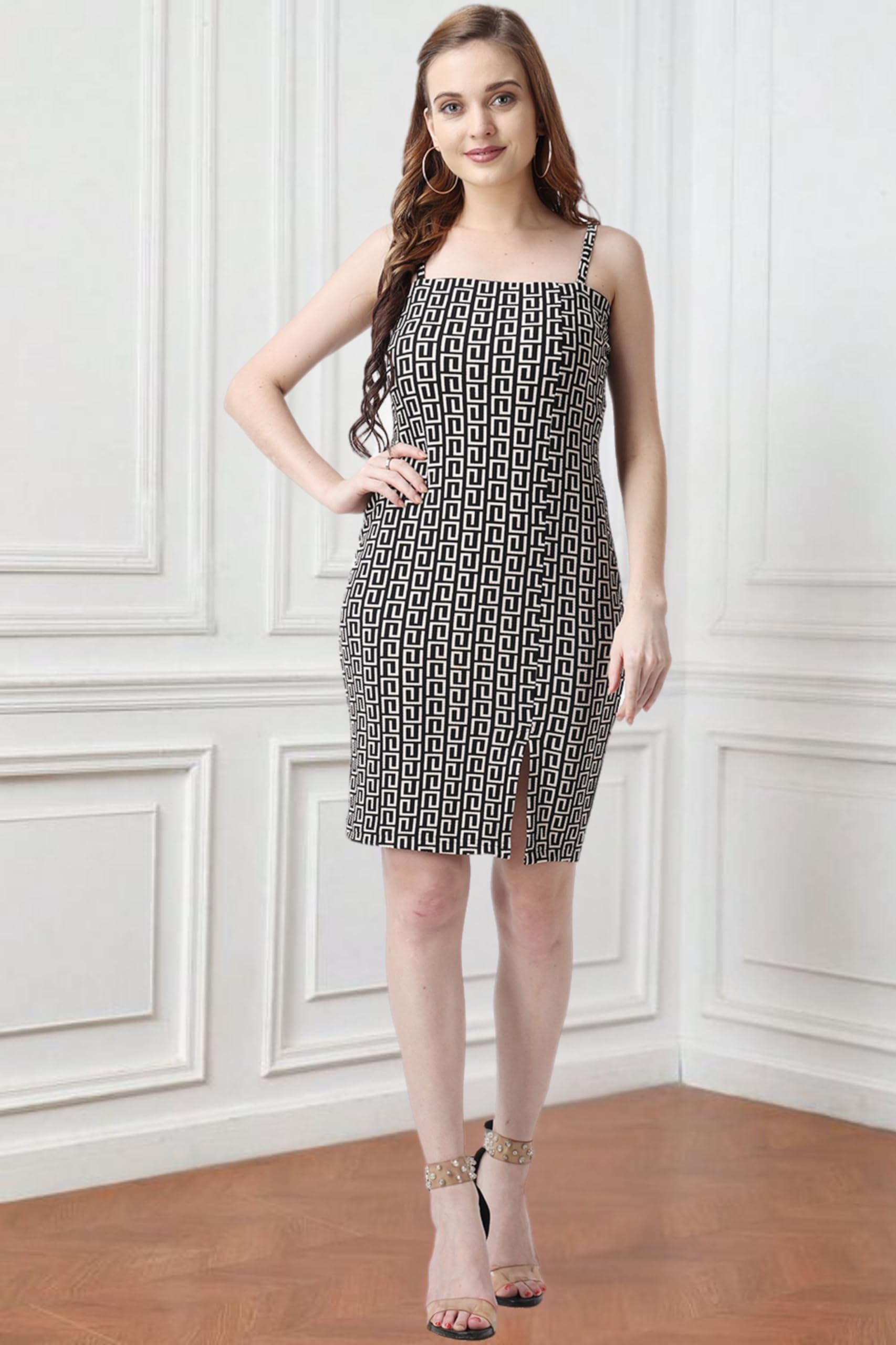 Popwings Women Casual Black & White Color Block Printed Bodycon Slit Noodle Strap Dress | Dress For Women