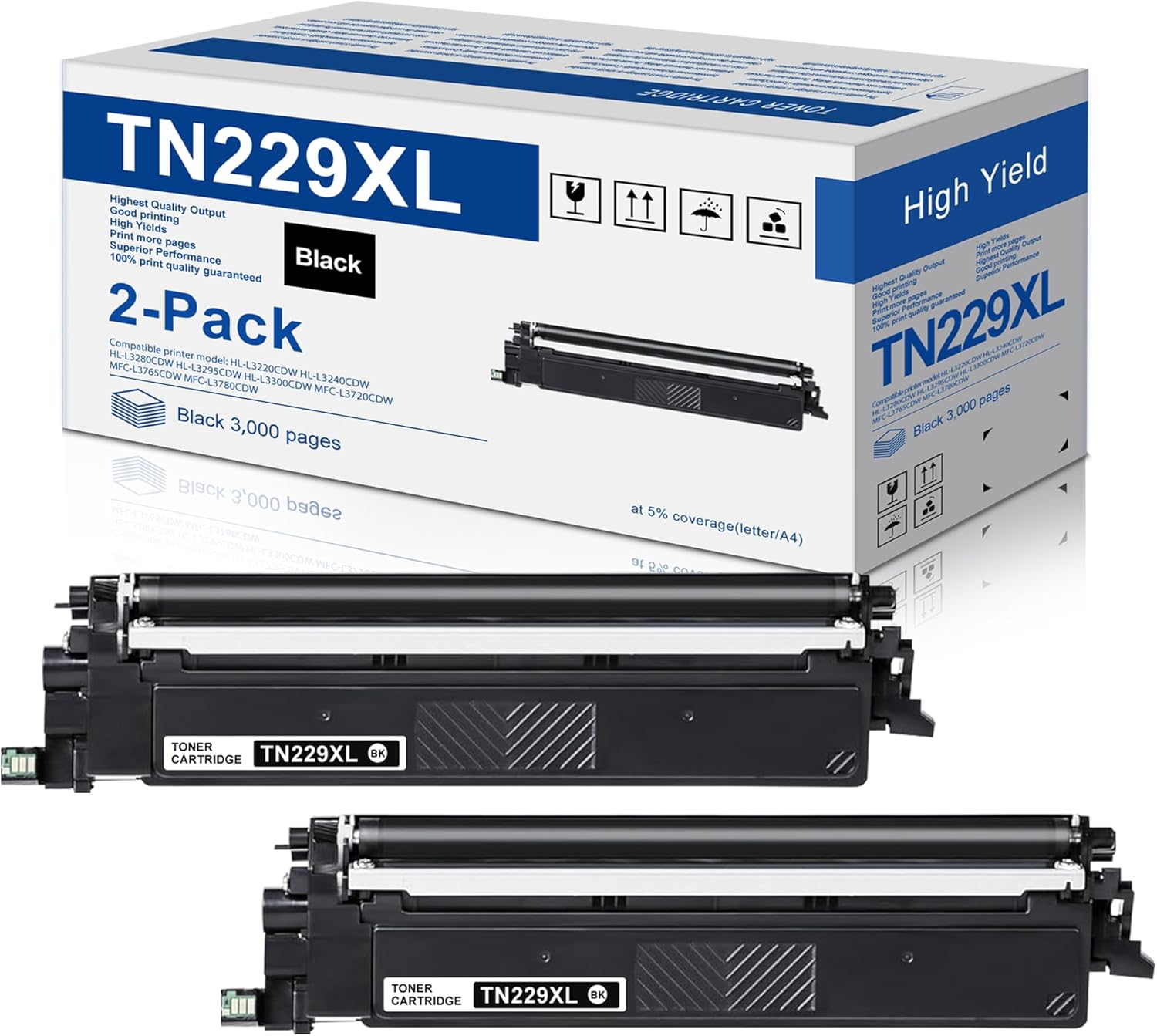 TN229XL High Yield Toner Cartridge Replacement for Brother TN229XLBK TN229 Black Toner for HL-L3280CDW MFC-L3720DW MFC-L3780CDW HL-L3220CDW HL-L3300CDW Printer (2-Pack)