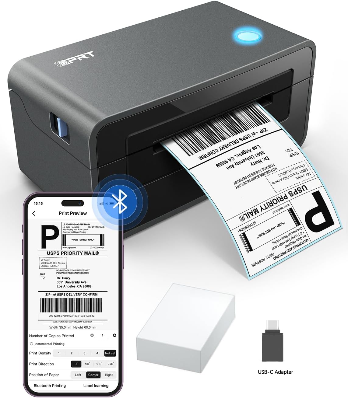 Bluetooth Thermal Shipping Label Printer for Phone, 4x6, Supports Windows/Mac/iOS/Android, Ideal for Small Business and Shipping Packages