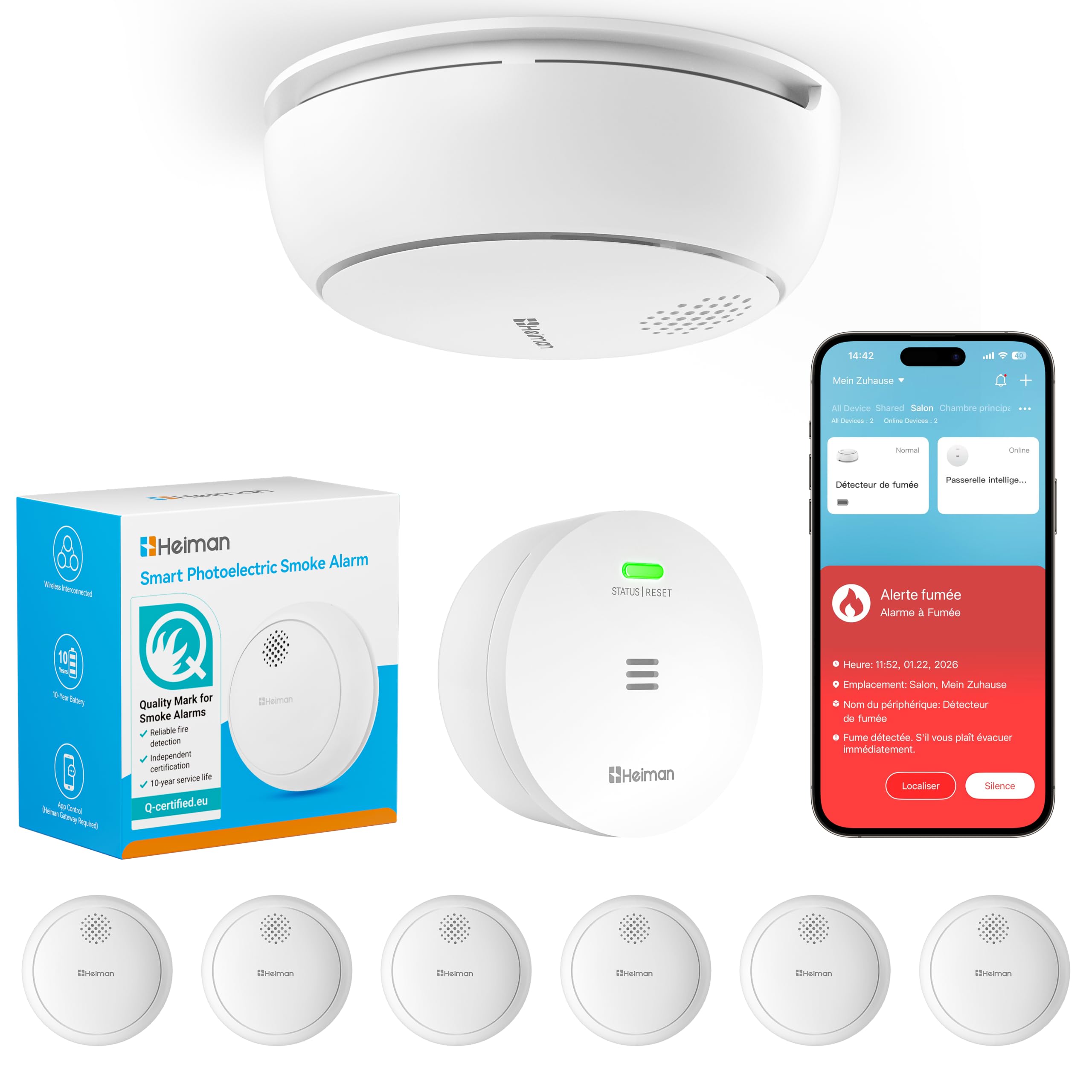 Heiman Détecteur de Fumée Connecté – Lot de 6 avec Passerelle & Contrôle Via App, Batterie 10 Ans, Certifié en 14604, Q-Label, Detecteur de Fumée avec Fixation Magnétique, Blanc