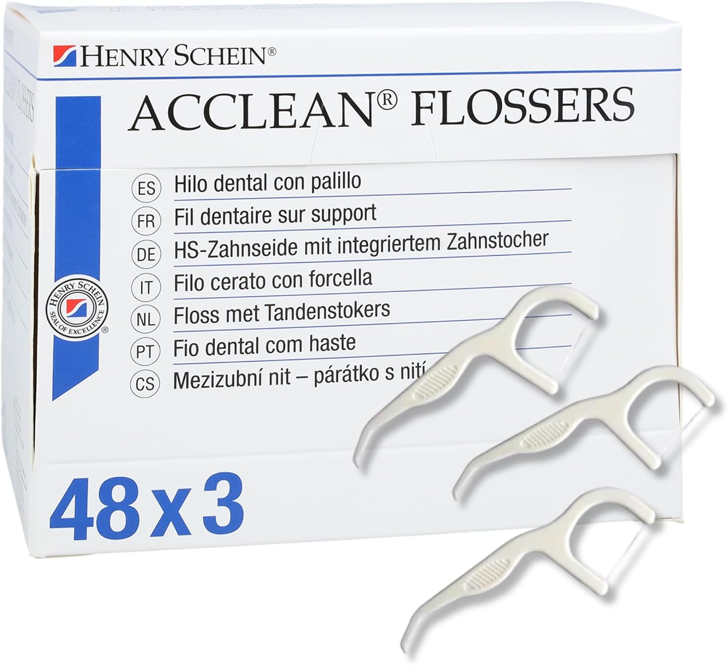 Acclean Dental Flossers Mint, 144 Count (48 Packs of 3), Interdental Floss Picks with Gum Stimulator, Strong Shred-Resistant Floss, Dispenser Box for Easy Storage