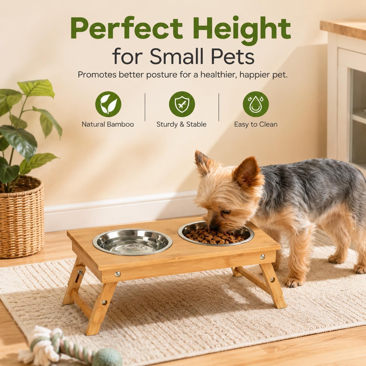 Elevated Dog Bowls for Small Dogs, Adjustable Bamboo Raised Feeder Stand with 2 Removable Stainless Steel Bowls for Food and Water, for Cats, Puppies and Dachshunds