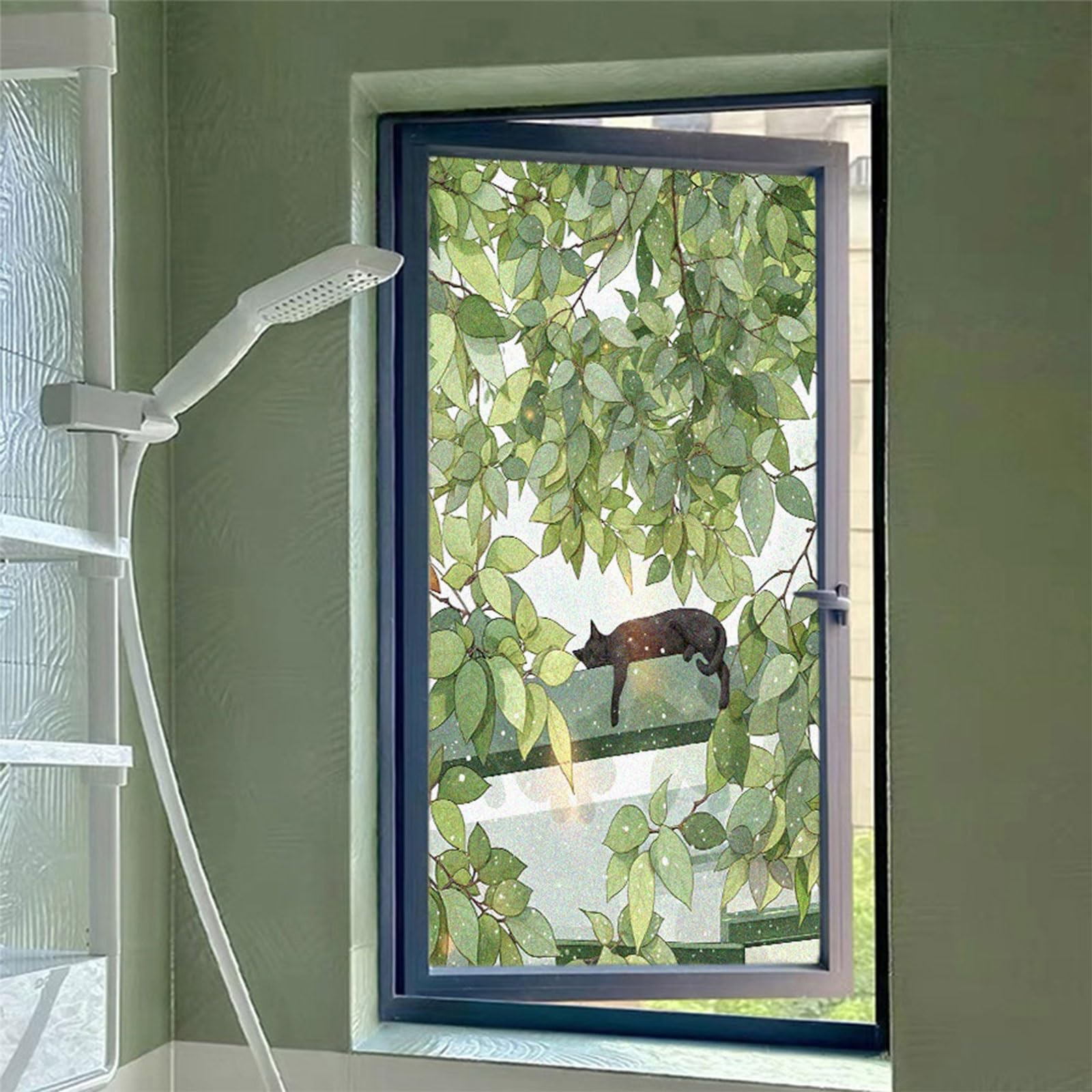 Eiauiuo Green Leaves Window Film – Self-Adhesive Privacy Film For Glass, Frosted Static Cling Window Film, Opaque Decorative Glass Sticker For Home Windows & Doors, Privacy Screen For Glass
