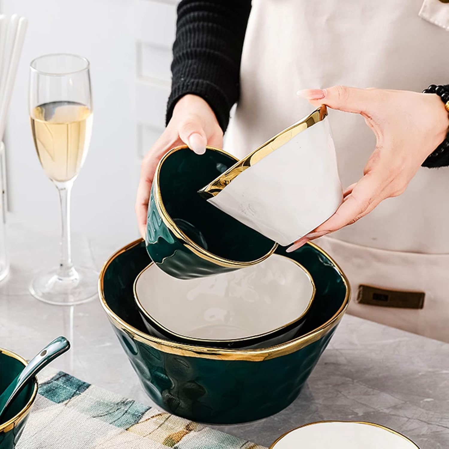 Ramen Bowl, Ceramic Salad Bowl Deep Mixing Bowls Creative Tableware, for Soup, Salad Pho Udon Pasta and Mixing Fruit (Color : A, Size : 2pcs)