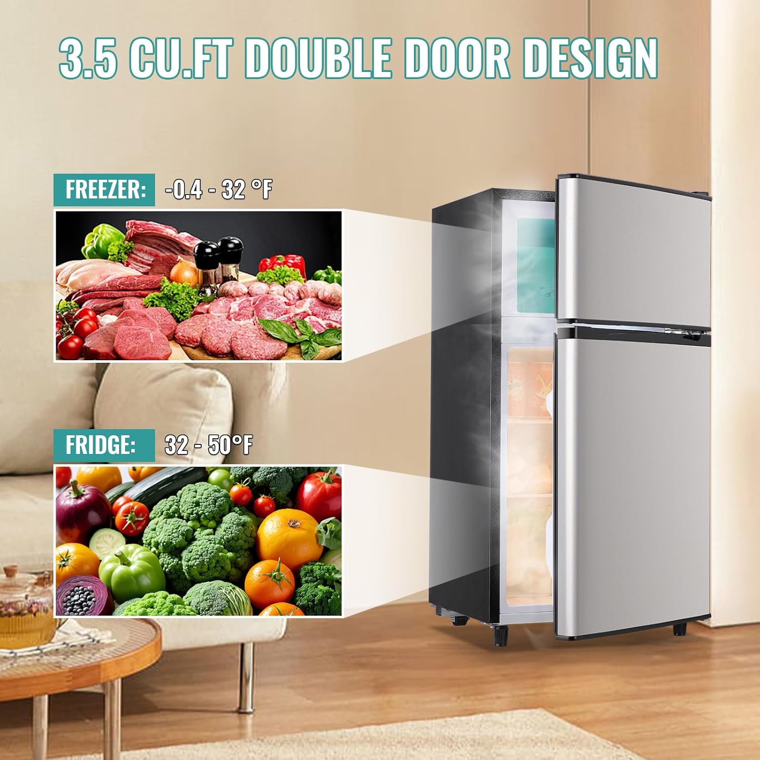 WANAI 3.5 Cu.Ft Mini Fridge with Freezer, Freestanding Refrigerator for Office, Dorm, Apartment, 7-Level Adjustable Thermostat, 2 Removable Shelves and Bakset, Small Fridge in Silver