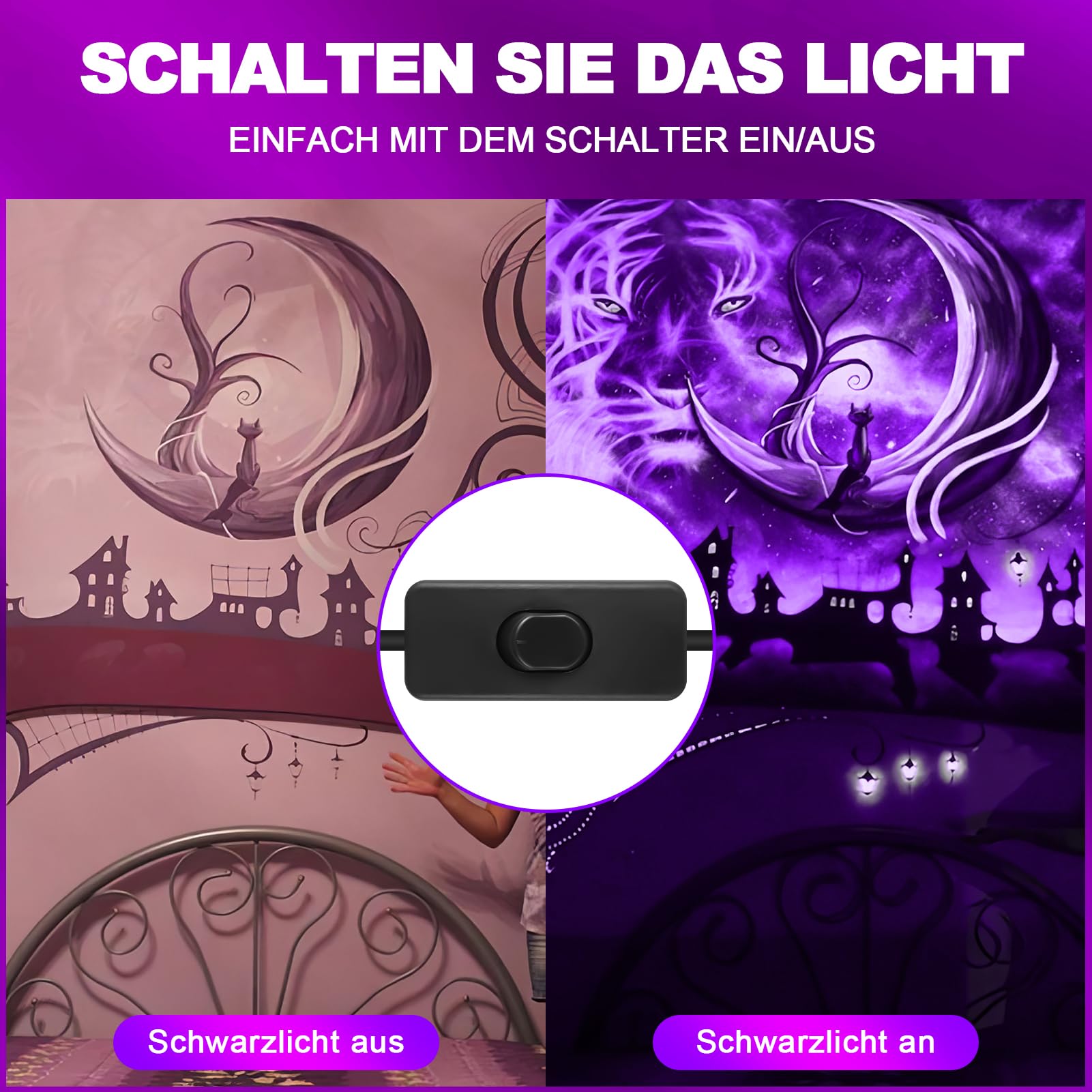 100W Schwarzlichtlampe, 3 Brightness Schwarzlicht, P66 Wasserdicht Schwarzlicht Strahler, UV Licht Mit 1.5m Netzkabel Stecker Schalter, Schwarzlicht Led für Party Disco, Neonfarben, Aquarium