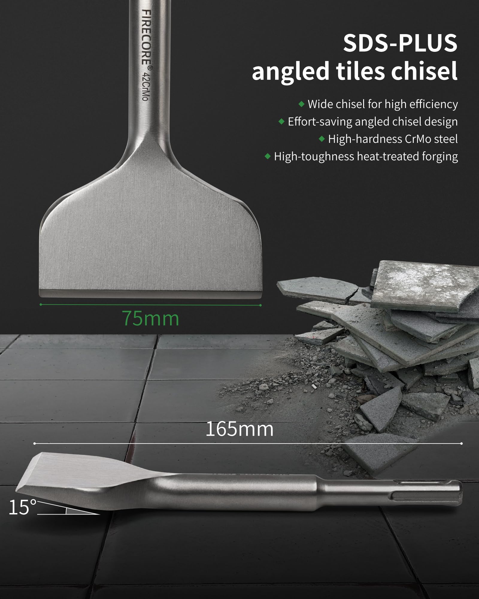 Firecore Scalpello SDS Plus, 165 mm x 75 mm, acciaio speciale 42CrMo, scalpello per piastrelle per martello SDS Plus, scalpello largo - FS22365