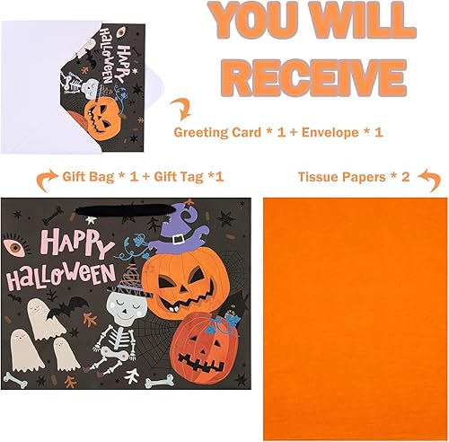 Miniatura 3 de WRAPAHOLIC Bolsa de regalo grande de Halloween de 13 pulgadas con tarjeta y papel de seda, diseño clásico de Halloween y letras de Happy Halloween