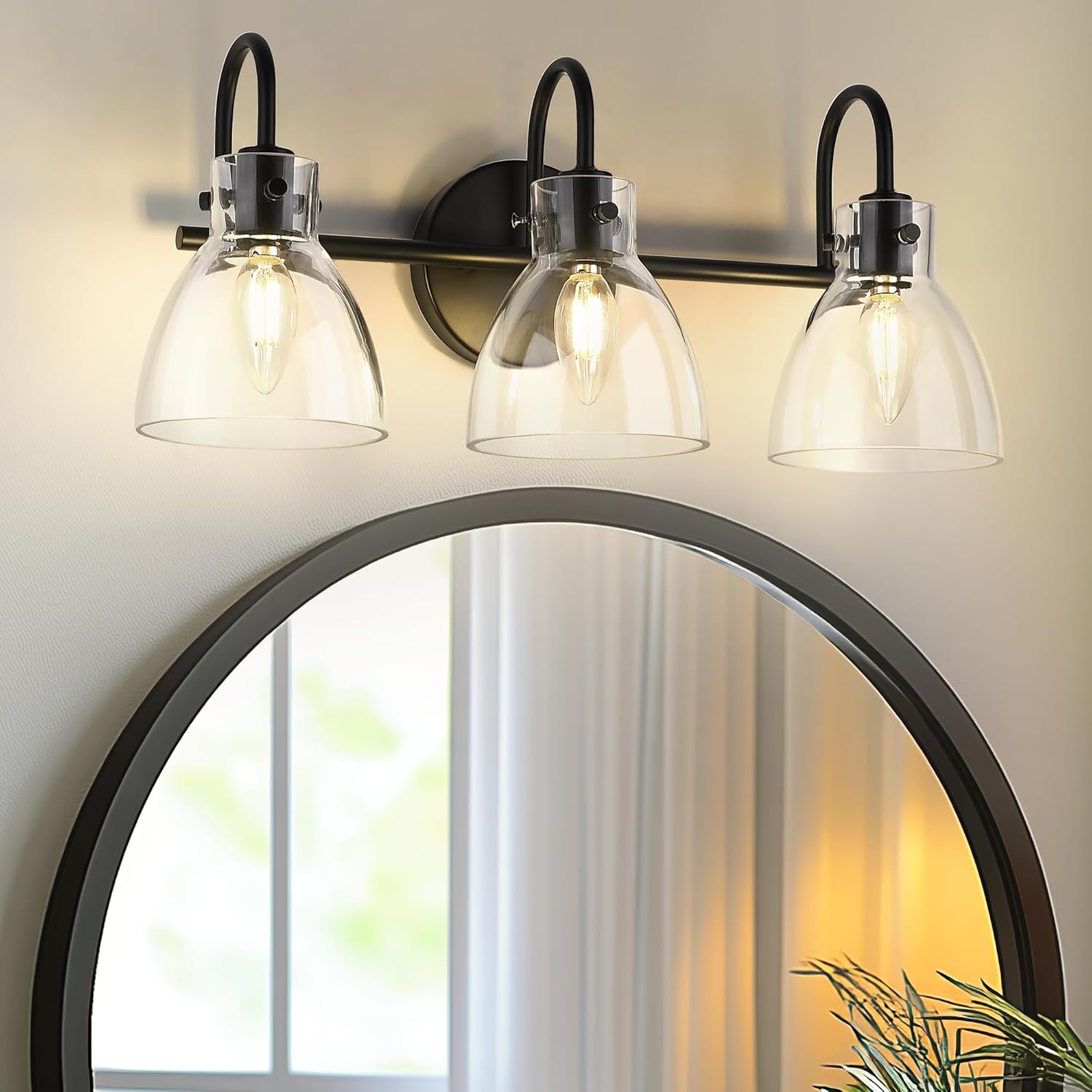 Beionxii Bathroom Light Fixtures Over Mirror, 3 Light Matte Black Vanity Fixtures with Clear Glass Shade, Bathroom Vanity Light for Mirror Living Room Hallway, BX-VL02MB-3CG