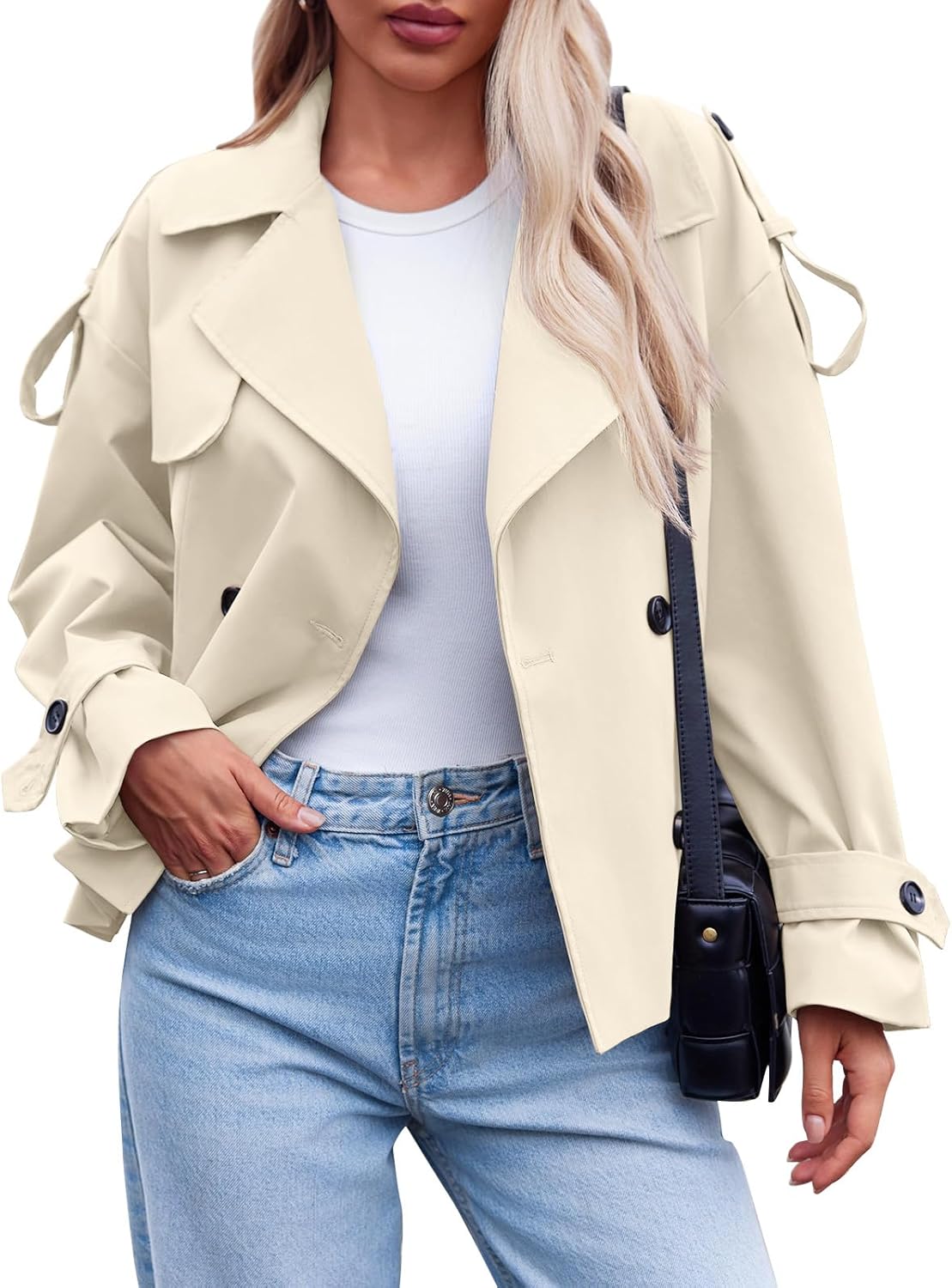 Tankaneo Womens Cropped Trench Coat Casual Double Breasted Short Jacket Fall Fashion Outerwear with Belt - Image 6