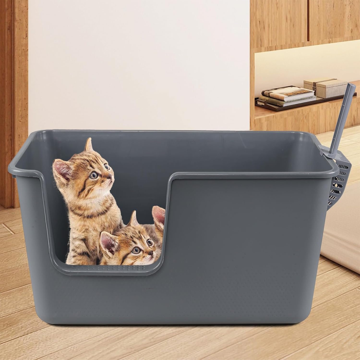 4 Pack Plastic Extra Large Litter Box with Scoop, High Sides Cat Litter Boxs, Open Air, Anti-Splashing, 24.41" x 15.75" x 12.6", Gray