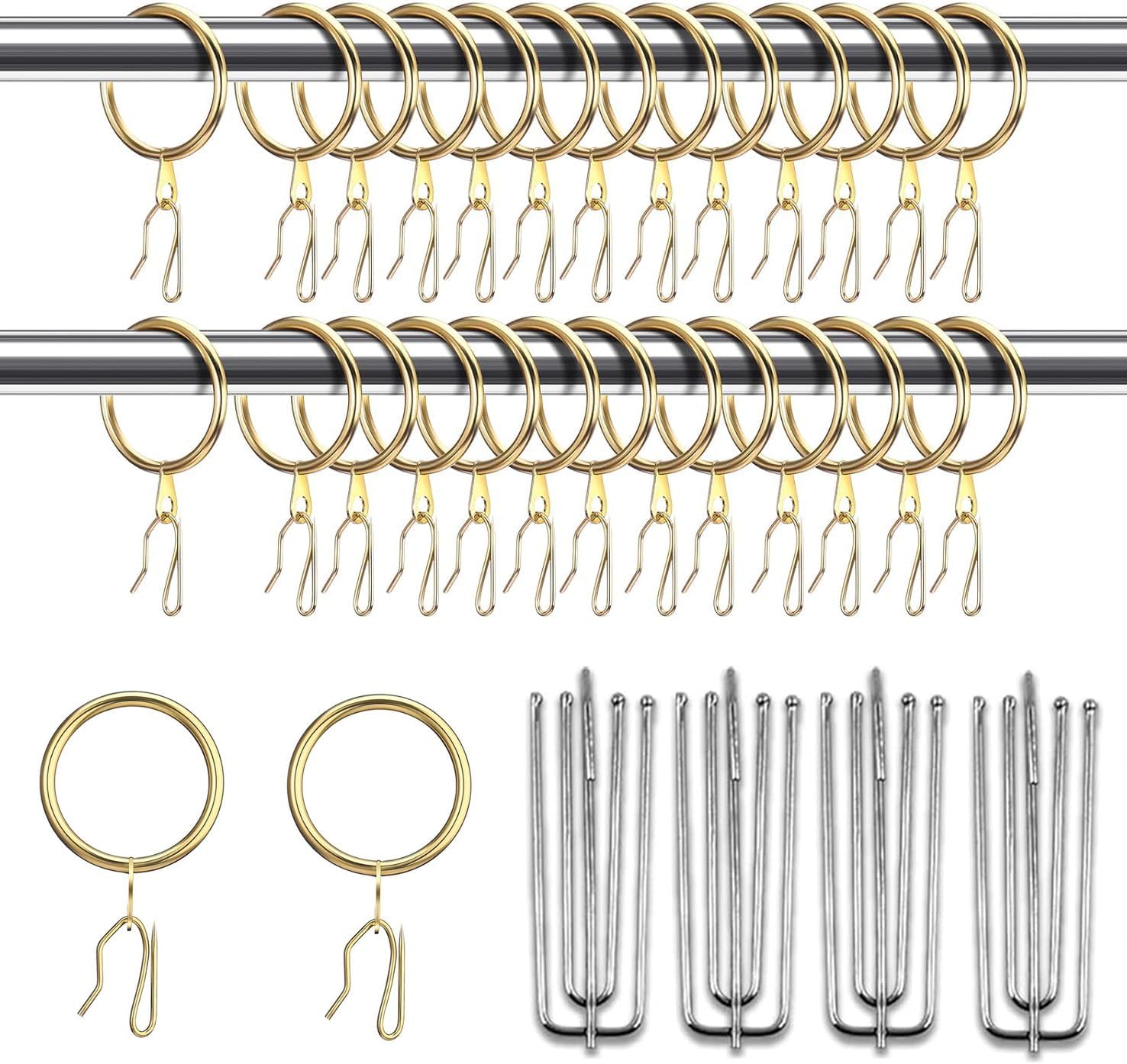 120 Pcs Gold Metal Drapery Curtain Rings Curtain Hanging Rings and Stainless Steel 4 Prongs Pinch Pleat Hook with Metal Drapery Pin-on Hooks Pins for Drapes Window Door (1.26inch)