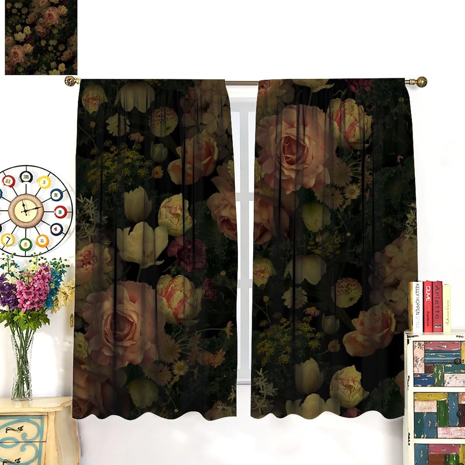 Black Floral Curtains, Rustic Watercolor Botanical Rose Peony Vintage Leaves Plant Boho Gothic Print Blackout Window Treatments for Kitchen Bedroom Living Room 52x84in image 2
