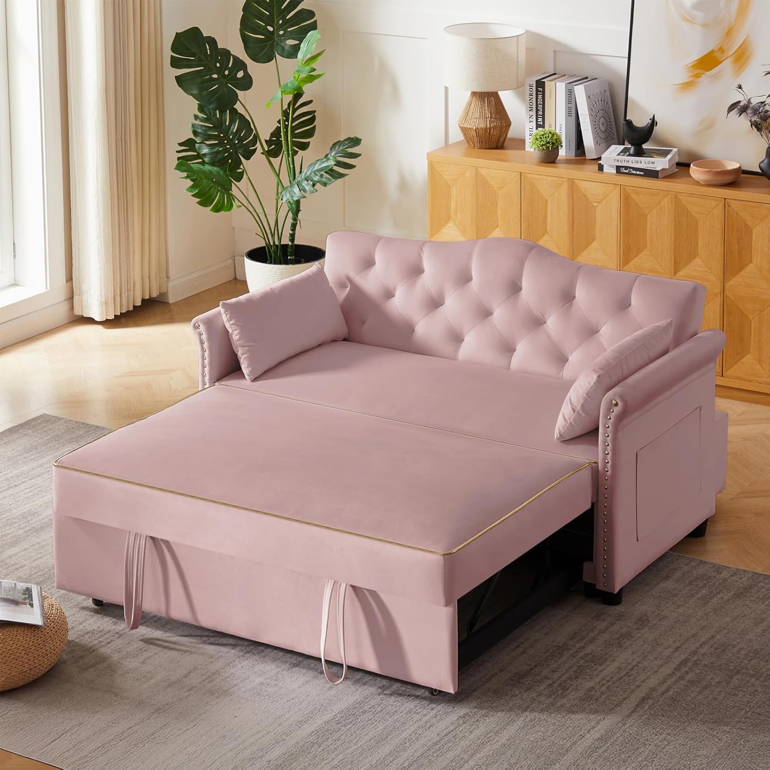 58" Velvet Sofa Bed, 3-in-1 Convertible Pull-Out Sleeper Sofa & Couch with Storage Bag and Adjustable Backrest,Perfect for Small Spaces, Living Room, or Office