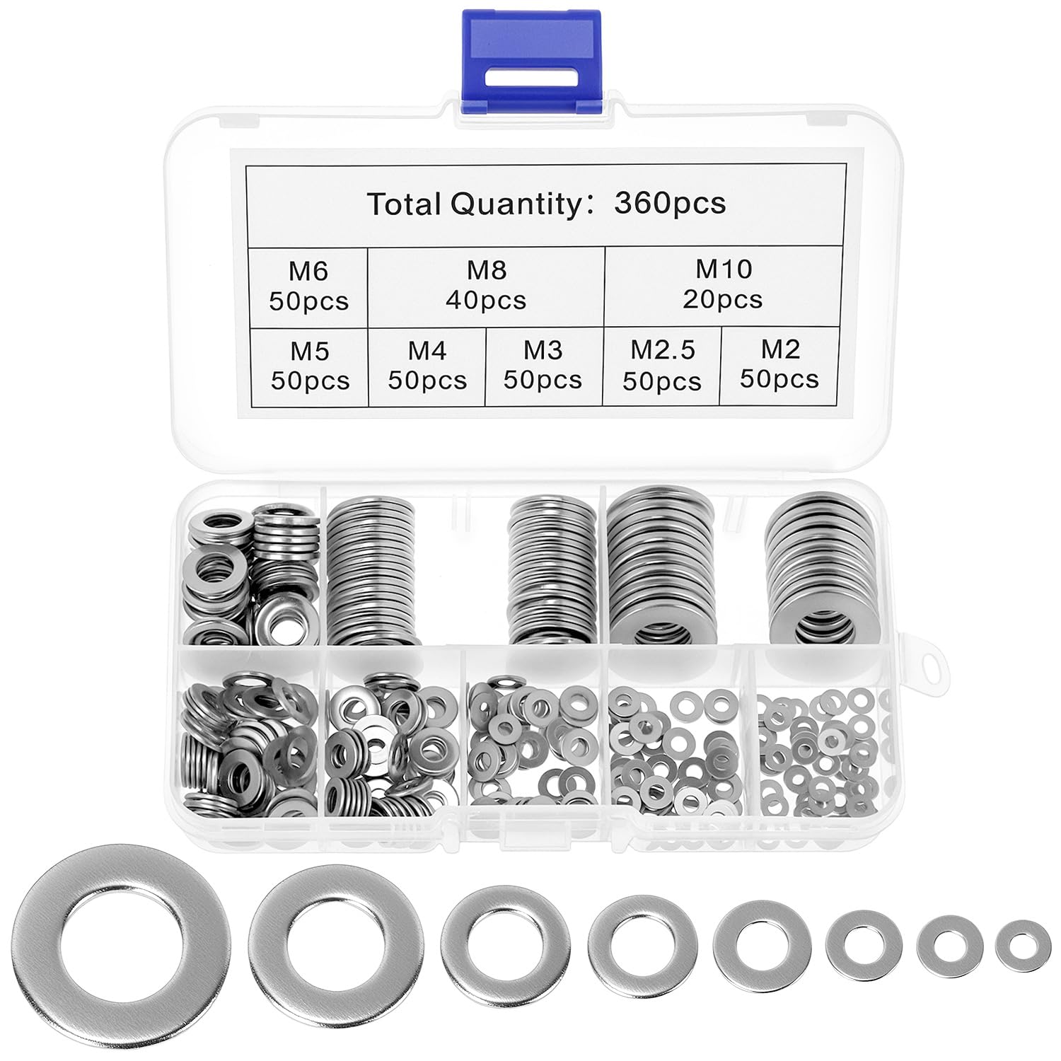 QWORK® 360 Rondelles Plates en Acier Inoxydable 304 avec Boîte de Rangement