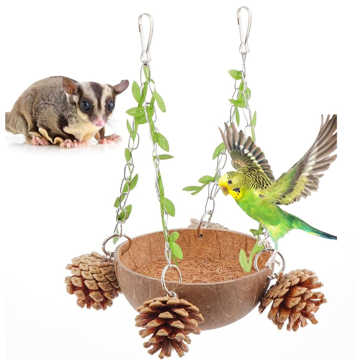 Azonee Bird Natural Coconut Nest Sugar Glider Hanging Swing Toy with Coconut Fiber Mat for Small Bird Parrot Parakeet Sugar Glider