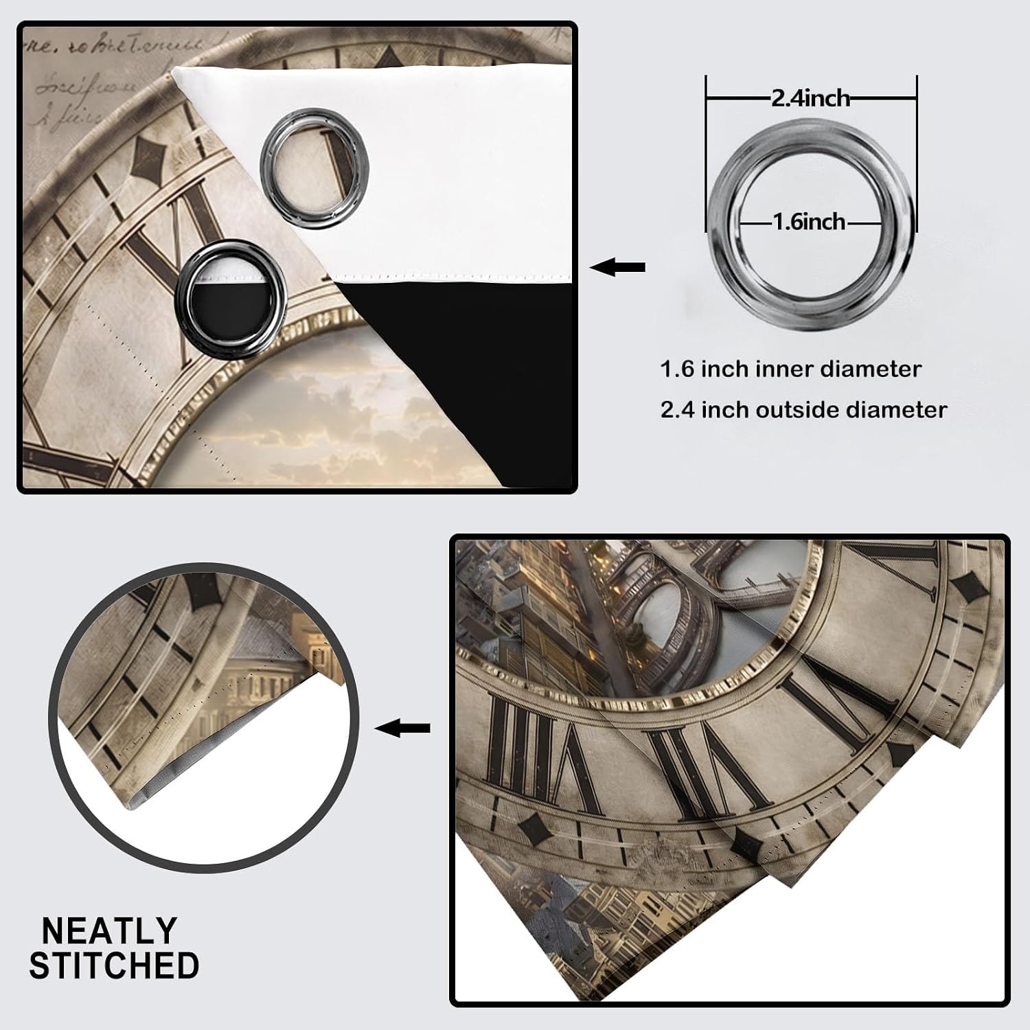 Retro Clock City Blackout Curtains Medieval Landscape Patterned Grommet Window Drapes for Bedroom Living Room, Brown Window Treatments 96 Inch Length 2 Panels Set, 52 X 96 Inch