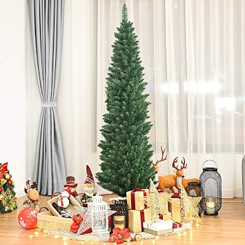 BestComfort 5ft/6ft/7ft/8ft/9ft Artificial Pencil Christmas Tree, Unlit Hinged Slim Skinny Tree with 220/400/700/1000/1500 Branch Tips and Metal Stand, 6FT Holiday Xmas Tree Indoor Outdoor