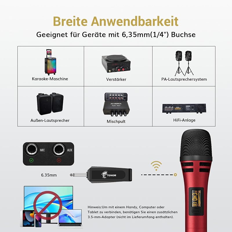 TONOR TW310 Vezeték Nélküli Mikrofon Vevőegységgel - Piros Kézi Dinamikus Mikrofon Karaoke, Rendezvény, Előadás Hangosításhoz, 5 Csatornával