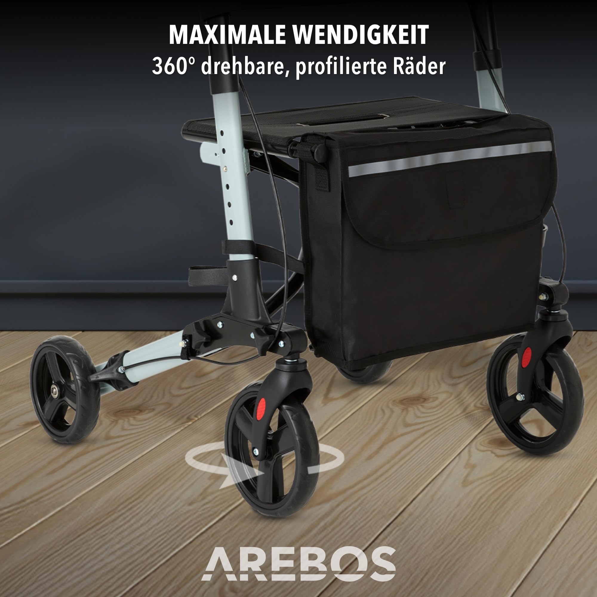 Arebos Leichtgewicht Rollator Aluminium | Reiserollator 6-fach höhenverstellbar | Faltbar | Inkl.Stockhalter und abnehmbare Einkaufstasche | Gehwagen Laufhilfe Gehhilfe mit Feststellfunktion | Schwarz