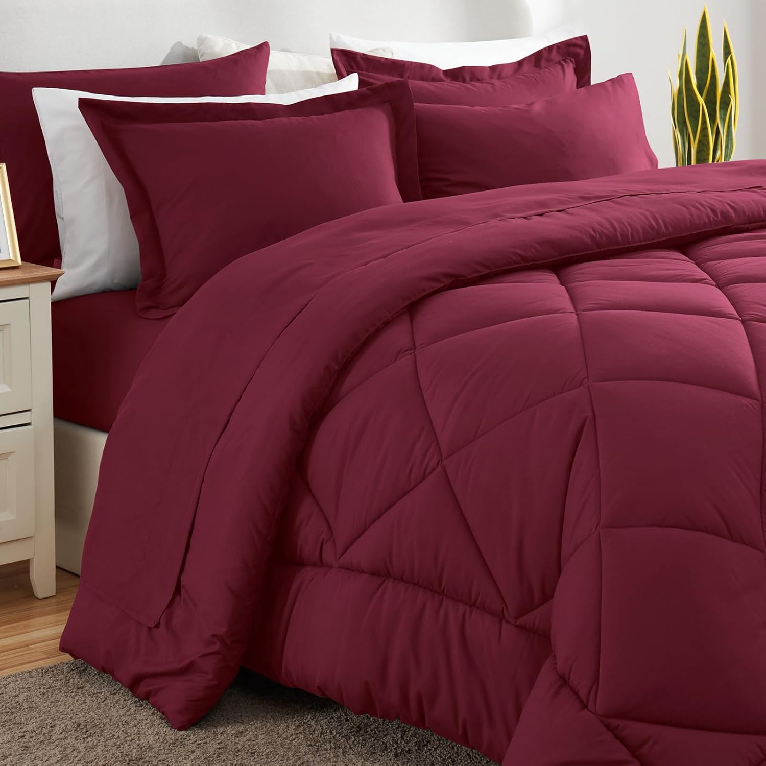 CozyLux Queen Comforter Set Burgundy - Bed in a Bag Queen Size 7 Pieces, Luxury Soft Bed Set for All Seasons, Bedding Set with Down Alternative Comforter, Sheets, Pillowcases & Shams, Red - Image 8