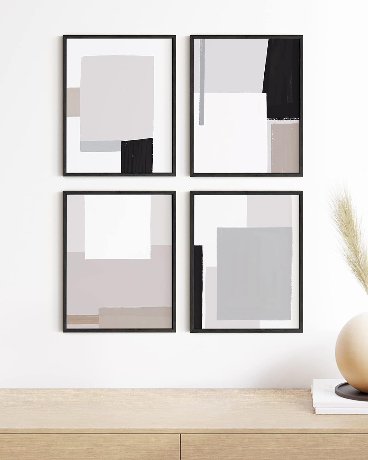 HAUS AND HUES Wall Art Set of 4 - Abstract Minimalist, Modern Art Decor, Neutral Wall Art, Black Framed (11x14), Bathroom, Bedroom, Dining Room, Hallway, Kitchen, Living Room, Office