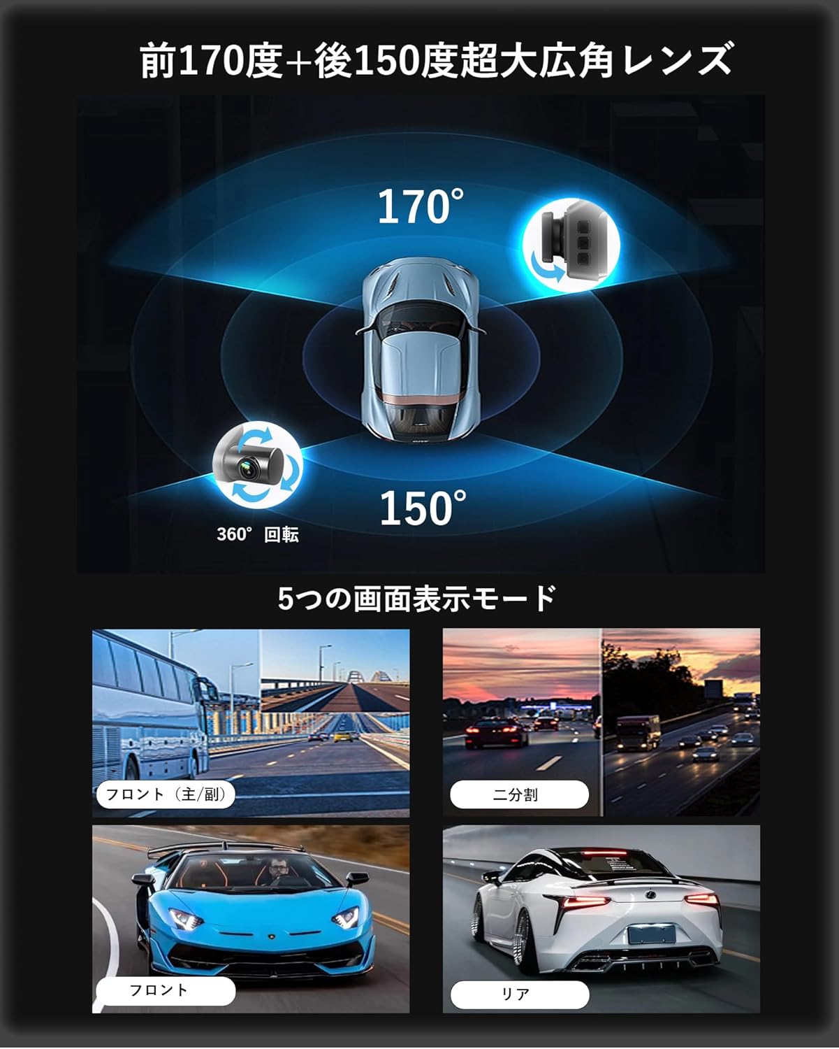 NISEKO ドライブレコーダー 前後カメラ 【上下可動式フロント&360°回転のリアカメラ】 車 カメラ 小型 ドラレコ 前後 フルHD 200万画素 HDR機能 超大広角レンズ 車内撮影可能 音声録音 配線不要 usb-c給電 車載カメラ エンジン連動 コンパクト 3.16インチモニター 分割表示&SDカードチェック機能 64GBmicroSDカード 取付簡単