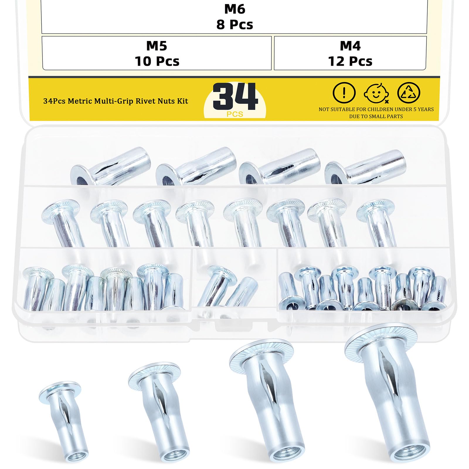 Mardatt 34Pcs M4 M5 M6 M8 Multi-Grip Rivet Nuts, Zinc-Plated Pre-Bulbed Shank Flat Head Threaded Insert Nut