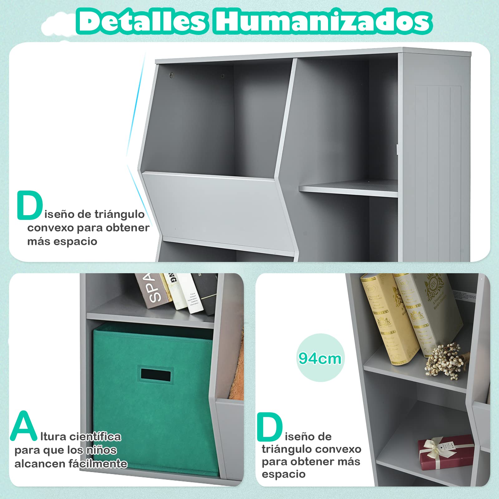 COSTWAY Estantería Infantil para Juguetes, Organizador de Juguetes, 3 Cubos y 2 Amplias Cajas Abiertas, Sala de Juegos de los Niños, Salón, 76 cm x 28 cm x 94 cm (Gris)