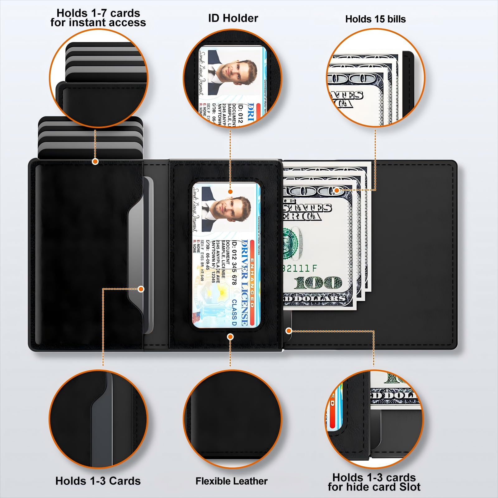 Tarjetero para hombre, funda de aluminio desplegable, cuero de grano superior, billetera inteligente para hombres, bloqueo RFID, delgada, minimalista, bolsillo frontal, capacidad de 9 a 14 4