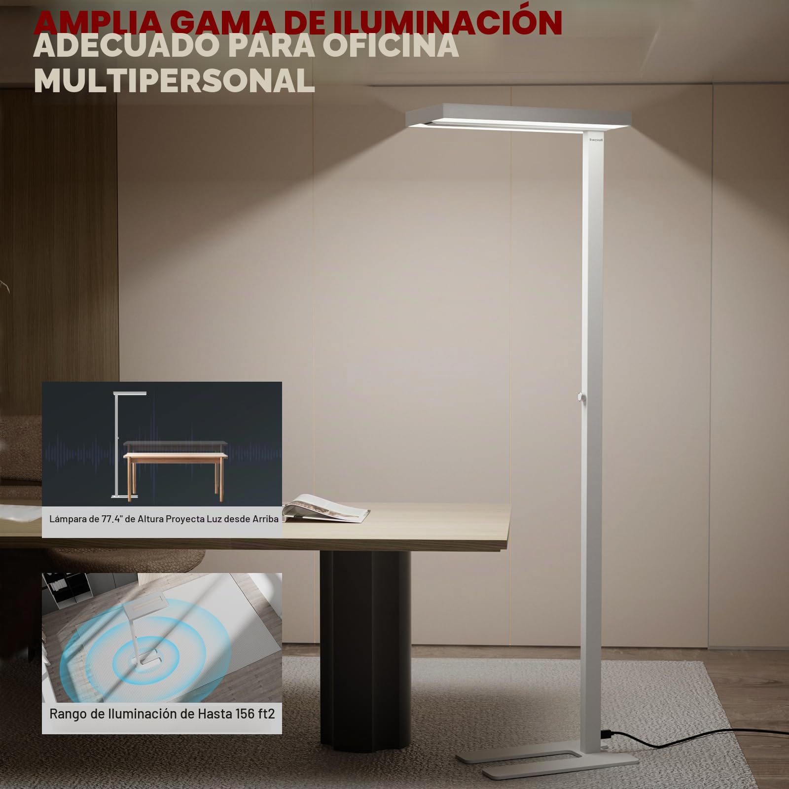 Honeywell 02E Lámpara De Pie LED, 8000LM Sunturalux Protectora Ocular | 4000K, 80W luz natural, lámpara de lectura regulable, lámpara de pie moderna para oficina, salón y dormitorio