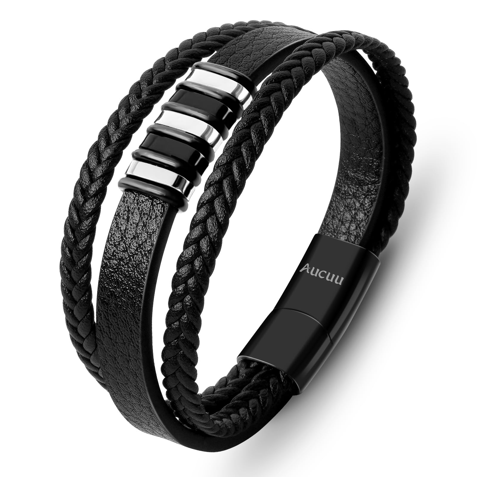 Aucuu Pulsera de Cuero Trenzado para Hombre, Pulsera de Cuero Premium con Cierre Magnético de Acero Inoxidable, Pulseras para Niños, Regalo de Cumpleaños para Hombres
