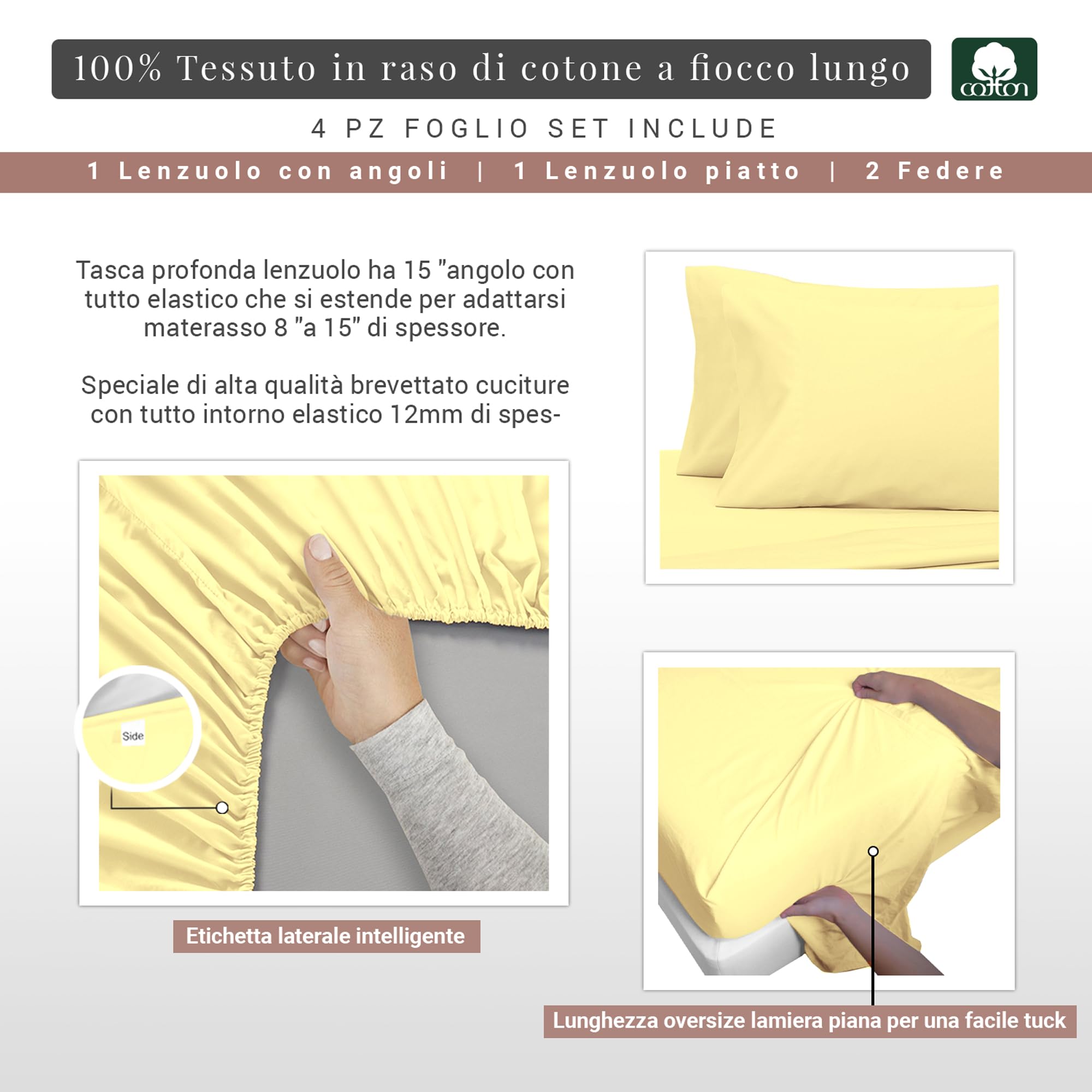 Pizuna Set lenzuola letto king size Cotone 160x200 cm Giallo Morbido, 400 fili con trama Sateen in 100% Cotone a fiocco lungo Completo lenzuola con 1 lenzuolo con angoli, 1 lenzuolo sopra, 2 federe