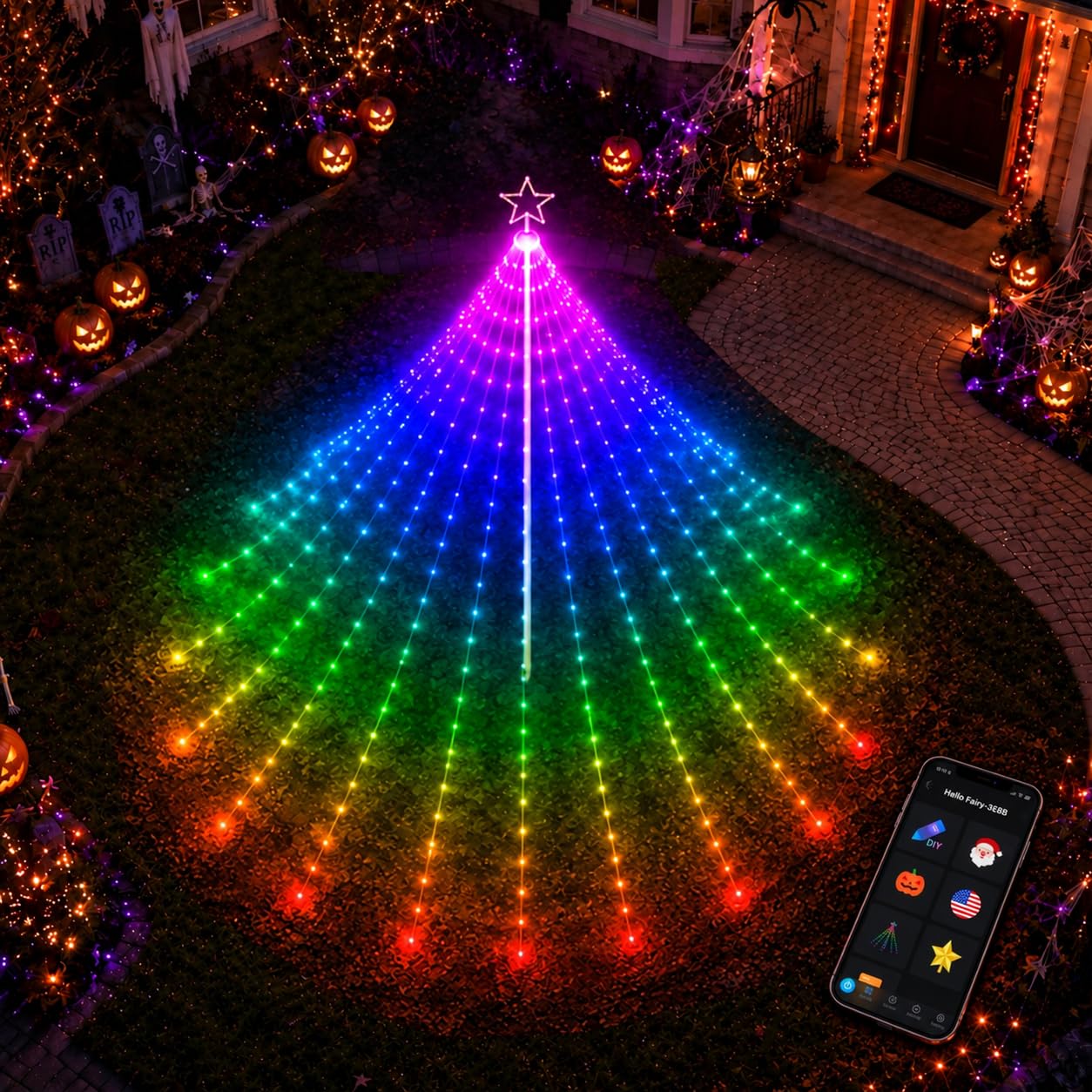 622 luces LED de Navidad para exteriores, decoración de patio, poste de bandera RGB inteligente que cambia de color, luz de árbol de Navidad, aplicación/control remoto, temporizador, regulador