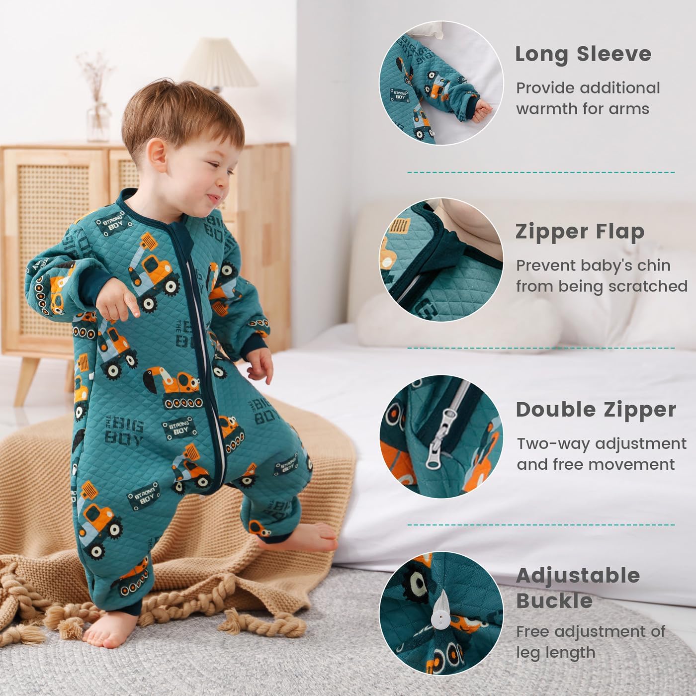 LILBESTIE Sacco a pelo per Bambini, in Morbido Cotone con Piedini da 1,5 TOG, Coperta Indossabile con sacco a Maniche Lunghe, per Tutte le Stagioni, Escavatore